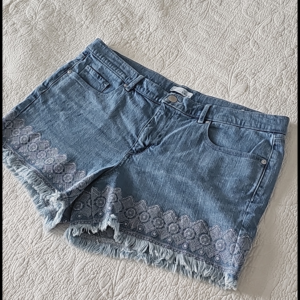 Loft Embroidered Frayed Hem Denim Shorts